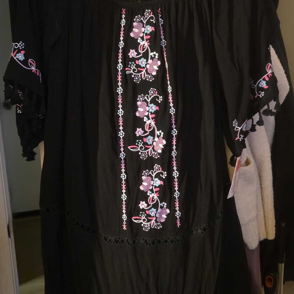 Xhilaration Black Midi Dress with Pink and Purple Embroidery